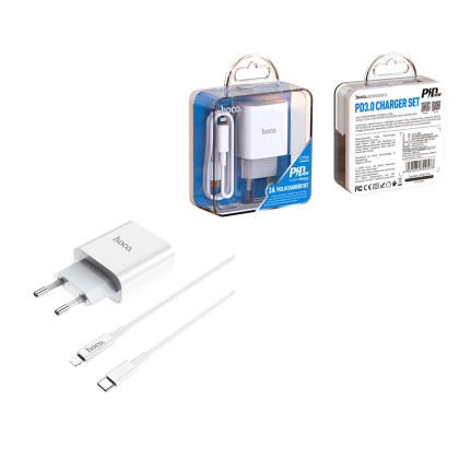 Сетевое зарядное устройство Type-C Hoco C76A Plus (20W, PD, кабель Type-C-Lightning) Белый - уценка (мятая упаковка)