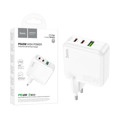 Сетевое зарядное устройство USB/Type-C Hoco C115A (65W, QС3.0, PD, 3 порта, GaN) Белый