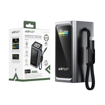 Внешний Аккумулятор (Power Bank) Acefast M33 20000 mAh (100W, PD, Type-C, встроенный кабель Type-C, LED дисплей) Серый