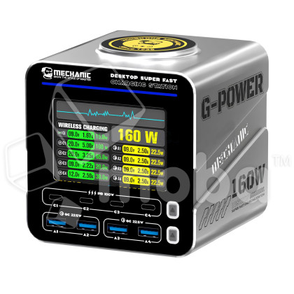 Зарядная станция Mechanic G-Power (160W, 8 портов 4USB-QC3.0/4Type-C-PD, Qi 15W, LCD)