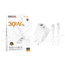 Сетевое зарядное устройство USB/Type-C Borofone BA108A (30W, QC3.0, PD, 2 порта, кабель Type-C-Type-C) Белый