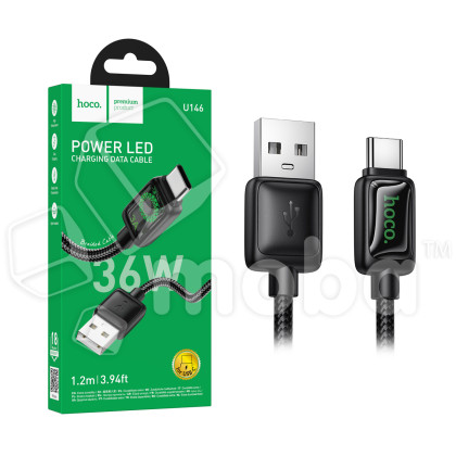 Кабель USB - Type-C Hoco U146 (3A, 36W, оплетка нейлон, 1.2 м) Черный