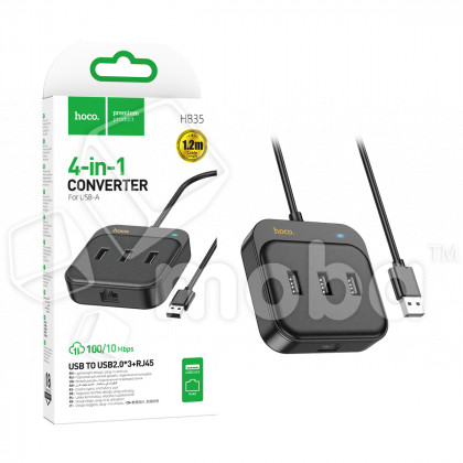 Адаптер USB Hoco HB35 100 Mbps Ethernet (USB3.0*3+RJ45, 1,2 м) Черный