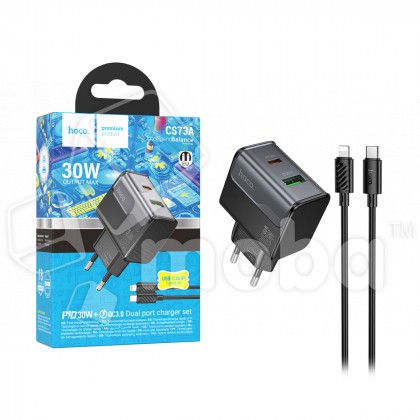 Сетевое зарядное устройство USB/Type-C Hoco CS73A (30W, QC3.0, PD, кабель Type-C-Lightning) Черный