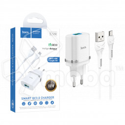 Сетевое зарядное устройство USB Hoco C12Q (18W, QС3.0, кабель MicroUSB) Белый