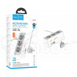 Сетевой фильтр с портами Hoco AC23 (2500W, QС3.0, PD, 3 розетки + 2 порта USB, 2 порта Type-C) Белый