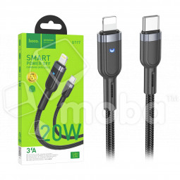 Кабель Type-C - Lightning Hoco U117 (3A, 20W, PD, с функцией интеллектуального отключения, индикатор, оплетка нейлон, 1.2 м) Черный