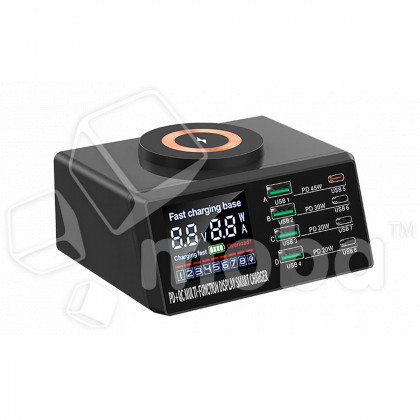 Зарядная станция (110W, 4USB-QC0.3/4Type-C-PD, беспроводная зарядка 15W, дисплей)