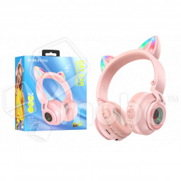 Беспроводные наушники Bluetooth Borofone BO18 Cat Ear (накладные, кошачьи ушки) Розовый