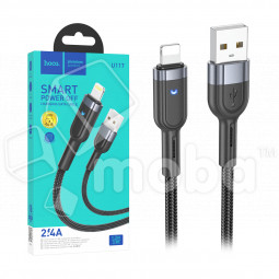 Кабель USB - Lightning Hoco U117 (2.4A, с функцией интеллектуального отключения, индикатор, оплетка ткань, 1.2 м) Черный