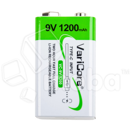 Аккумуляторные батарейки "Крона" 6LR61 VariCore Li-ion 9V 1200 mAh (перезаряжаемые, зарядка через Type-C)
