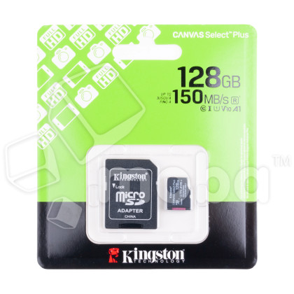 Карта памяти MicroSDXC 128GB Class 10 Kingston Canvas Select Plus Gen3 A1 150MB/s + SD адаптер