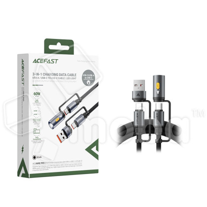 Кабель Type-C - 3 в 1 (Type-C+USB+LED подсветка) Acefast J5 (3A, 60W, оплетка нейлон, 1,2 м) Черный