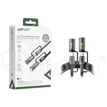 Кабель Type-C - 3 в 1 (Type-C+прикуриватель+LED подсветка) Acefast J4 (3A, 60W, оплетка нейлон, 1,2 м) Черный