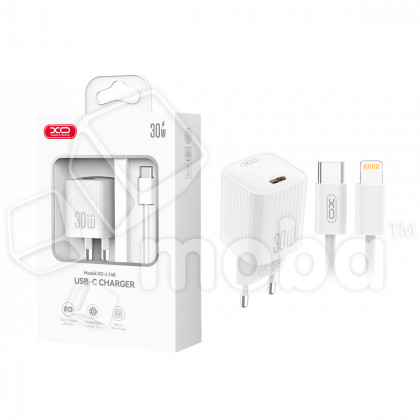 Сетевое зарядное устройство Type-C XO L148 (30W, PD, кабель Type-C-Lightning) Белый