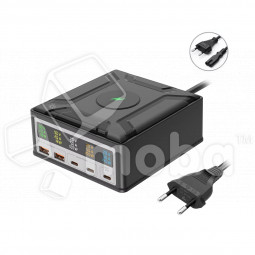 Зарядная станция GaN (260W, 2USB-QC3.0/3Type-C-PD3.1, беспроводная зарядка 15W, дисплей)