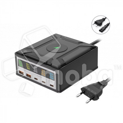 Зарядная станция GaN (260W, 2USB-QC3.0/3Type-C-PD3.1, беспроводная зарядка 15W, дисплей)