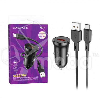 Автомобильное зарядное устройство USB Borofone BZ18 (18W, QC3.0, 1USB, кабель Type-C) Черный
