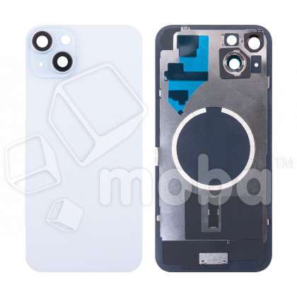 Задняя крышка для iPhone 15 Plus (A3094) в сборе со стеклом камеры Голубой (стекло, монолит, MagSafe, логотип) - Премиум