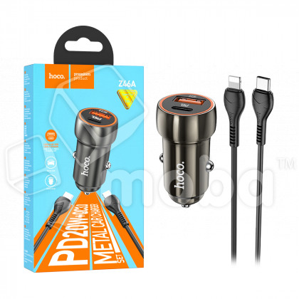 Автомобильное зарядное устройство USB/Type-C Hoco Z46A (20W, QC3.0, PD, 1Type-C, 1USB, кабель Type-C-Lightning) Черный