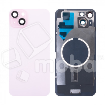 Задняя крышка для iPhone 15 Plus (A3094) в сборе со стеклом камеры Розовый (стекло, монолит, MagSafe, логотип) - Премиум