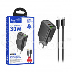 Сетевое зарядное устройство USB/Type-C Hoco N63 (30W, QC3.0, PD, кабель Type-C-Lightning, GaN) Черный