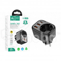 Сетевой фильтр с портами Hoco NS3 (4000W, QС3.0, PD, 1 розетка + 2 порта USB, 1 порт Type-C) Черный