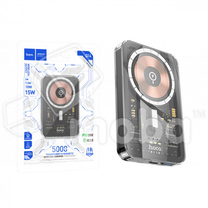 Внешний Аккумулятор (Power Bank) Hoco Q14 5000 mAh (20W, PD, беспроводная зарядка 15W, MagSafe, Type-C, LED дисплей, прозрачный корпус) Черный