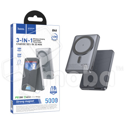Внешний аккумулятор (Power Bank) Hoco Q46 5000mAh (20W, PD, USB-C, MagSafe 15W, держатель для карт и смартфона) Серый