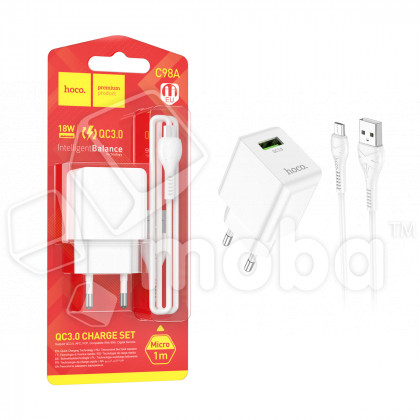 Сетевое зарядное устройство USB Hoco C98A (18W, QС3.0, кабель MicroUSB) Белый